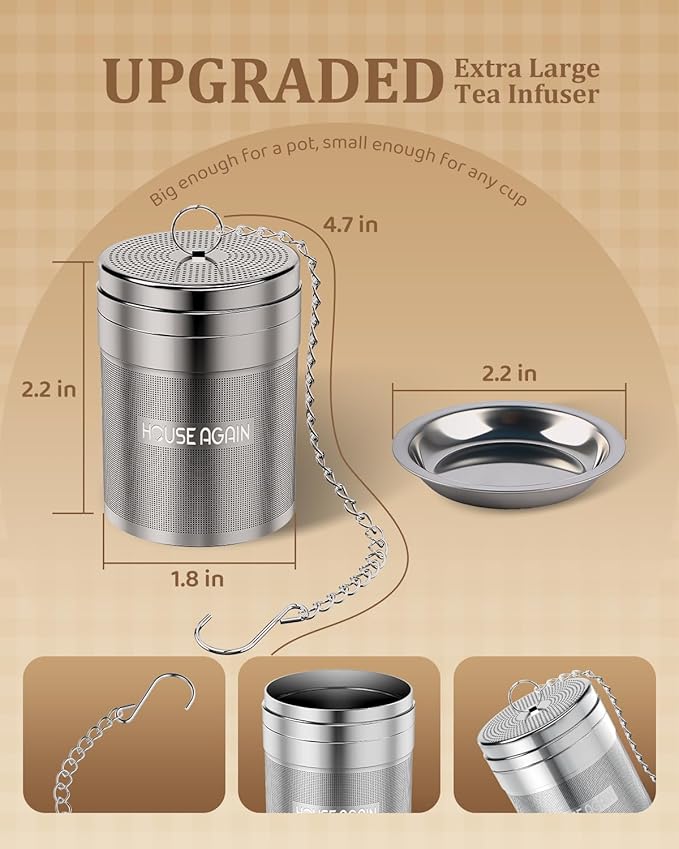 House Again 2 Pack Large Tea Infusers, Extra Fine Mesh Tea Strainers for Loose Tea, Updated Slim Threaded Lid & 304 Stainless Steel, Loose Leaf Tea Steeper for Brew Tea Spices & Seasonings