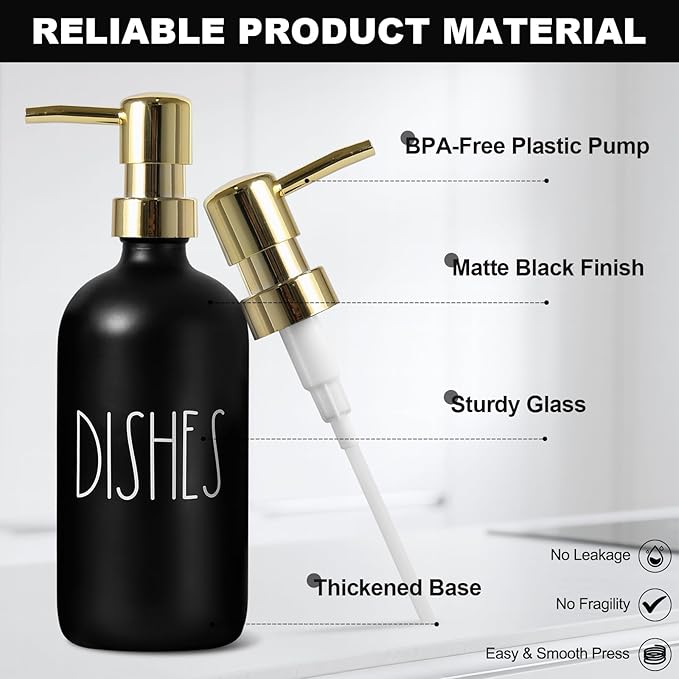 Kitchen Soap Dispenser Set, 16.9 fl oz Hand and Dish Soap Dispensers with Tray, Black and Gold Kitchen Soap Dispenser Set with Sponge Holder, Instant Dry Tray, Gold&Black