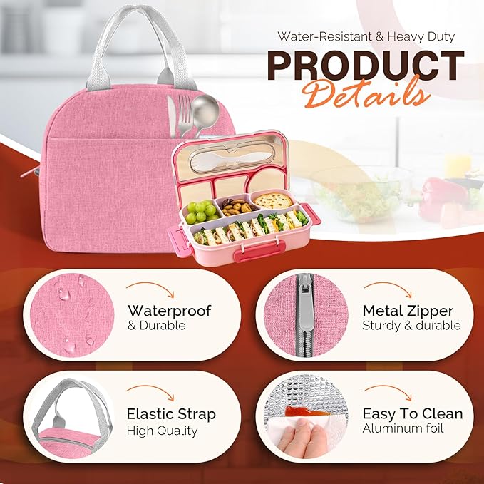 EASYFUN Bento Lunch Box Set Bento Box, 4-Compartment Lunch Containers,High Capacity Lunch Tote Bags for Work, Travel, Outdoor (Pink)