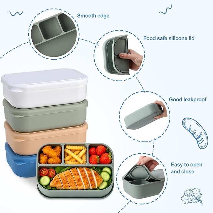 Potchen 4 Pcs Large 7.6x5x2 Inches Silicone Bento Box Reusable Lunch Container Leakproof Snack Meal Boxes for Work Travel Food Storage Microwave Dishwasher Freezer Safe 4 Compartment(Brilliant Color)