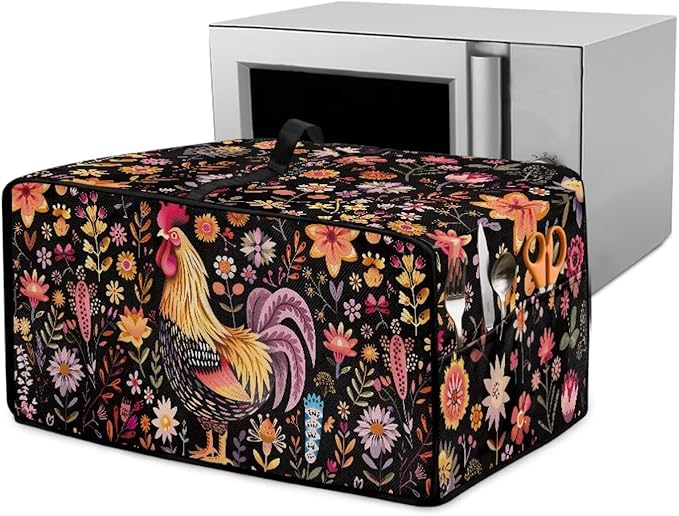 Microwave Oven Cover Air Fryer Toaster Oven Dust Cover with Accessory Pockets, Stain-resistant Small Electric Appliance Protector for Kitchen, L, Rooster Chicken Floral Black