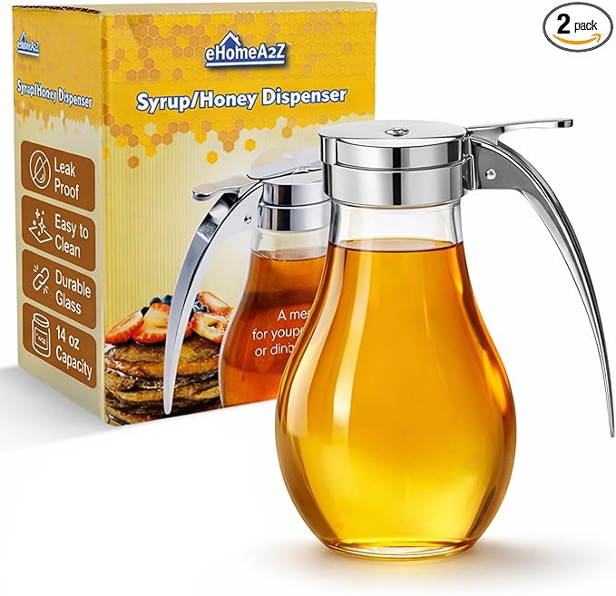 EHOMEA2Z Glass Honey Dispenser, 14 oz Syrup Dispenser with Metal Top, Maple Syrup Dispenser for Kitchen & Dining Table (2, 14 Oz)