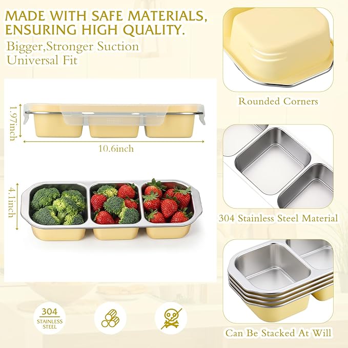 FoldTier 4 Pack Stainless Steel Snack Container for Adults 3-compartment Leak-proof Lunch Box for Work, Travel 10.6 x 4.1 x 2 Inch Stackable Reusable Metal Bento Box(Yellow)