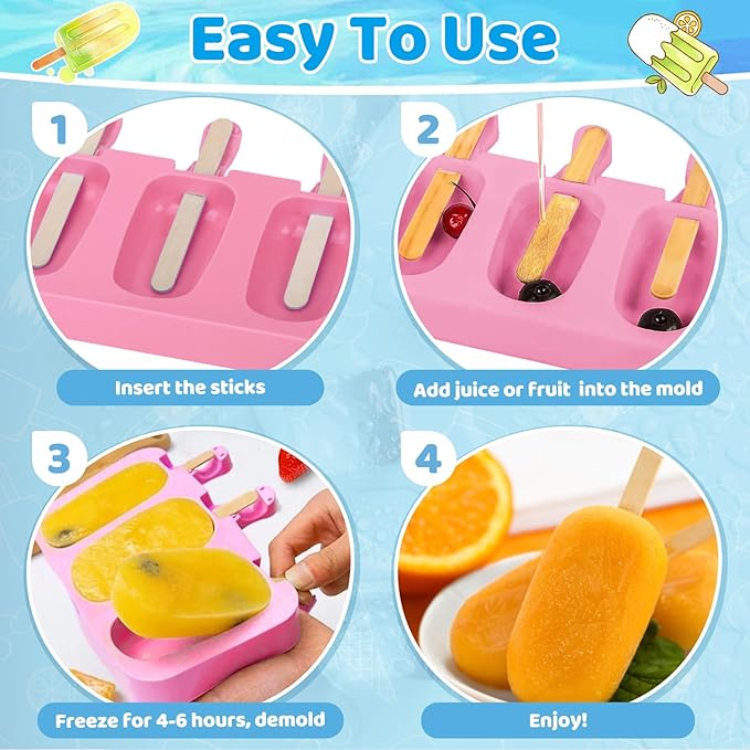 SAYAYA 4 Set Silicone Popsicle Molds with 200 Sticks, Reusable 4 Cavities Homemade Cake Pop & Cakesicle Mold for DIY Ice Cream, Ice Pop, Easy Release & Dishwasher Safe for Kids Family (Pink)