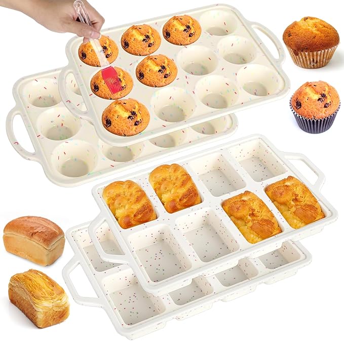 4 Pcs Silicone Muffin Pan Set with Metal Reinforced Frame, 12 Cup Regular Size Nonstick Cupcake Pan and 8-Cavity Mini Loaf Pans with 1 Pastry Brush, Silicone Cupcake Tin for Baking Egg Bites Bread