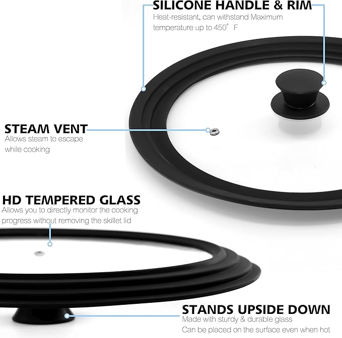 Anaeat Silicone Universal Lid for Pots, Pans and Skillets - Tempered Glass Covered with Heat Resistant Silicone Rim Fits 11", 12" and 12.5" Diameter Cookware -Easy to Use Replacement Frying Pan Cover