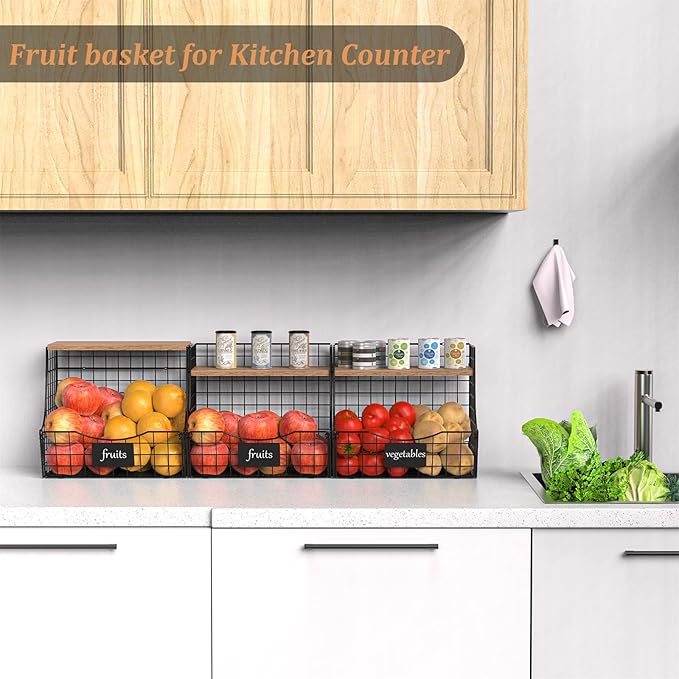 3 Pack wire Fruit Basket for Kitchen with Wood Lid - Counter&Wall Mounted Onion and Potato Storage with Nameplate, Hanging Baskets for Vegetable,11.81 * 10.63 * 8.66 Inch