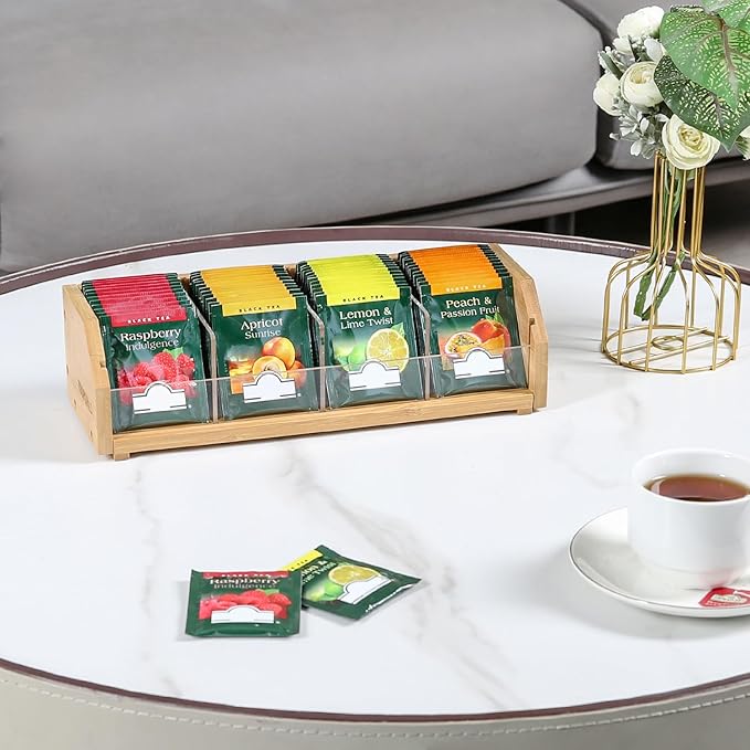 TIOPGHAD Small Bamboo Tea Bag Organizer Storage Holder for Tea Bags Wood Tea Box Containers Tea Rack Teabag Station Stand for Cabinet Countertop Office
