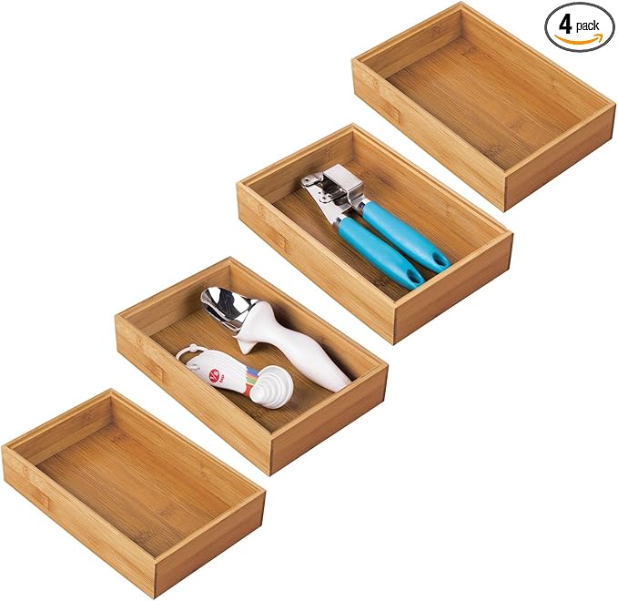 mDesign Bamboo Kitchen Cabinet Drawer Organizer Stackable Tray Bin - Eco-Friendly, Multipurpose - Use in Drawers, on Countertops, Shelves or in Pantry - 9" Long, 4 Pack - Natural Wood Finish