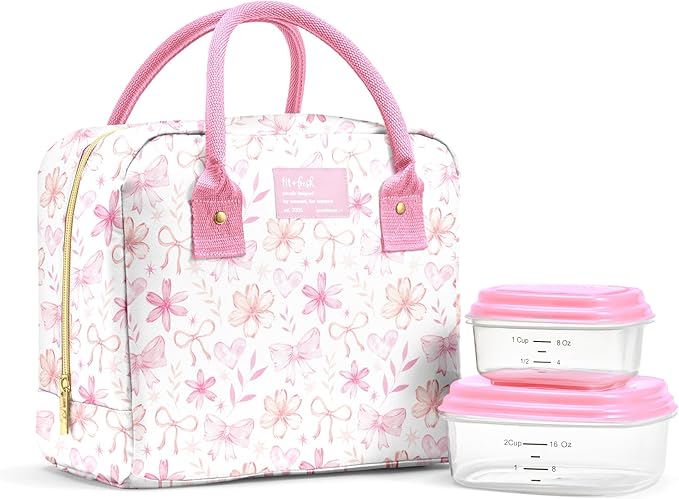 Fit & Fresh Bloomington Lunch Bag for Women - Insulated Large Lunch Box for Work with Containers, Leak-Resistant, Stain-Resistant, Zipper Closure, Sweet Floral Bows