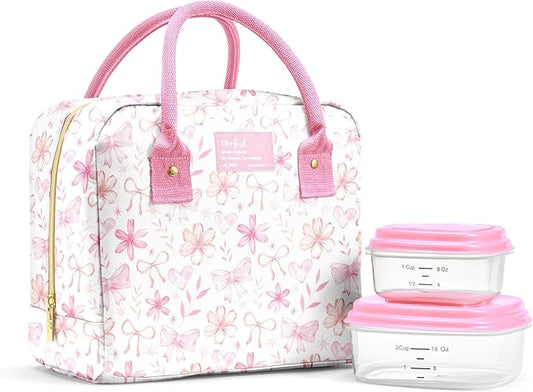 Fit & Fresh Bloomington Lunch Bag for Women - Insulated Large Lunch Box for Work with Containers, Leak-Resistant, Stain-Resistant, Zipper Closure, Sweet Floral Bows