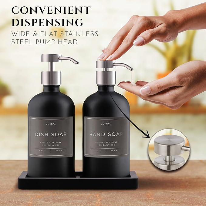 Glass Soap Dispenser Set of 2 (Black) with Silicone Tray | Hand and Dish Soap Dispenser for Kitchen and Bathroom | 16.8 Oz Glass Bottles with Stainless Steel Pump & 15 Waterproof Labels (Black/Silver)
