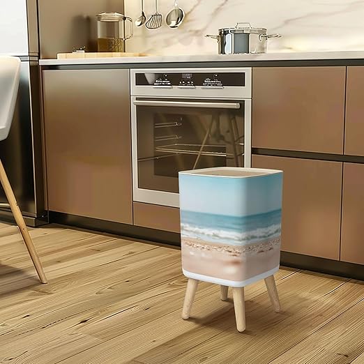 Small Trash Can with Lid Blurred sea Wastebasket with Press Cover Dog Proof Garbage Can Waste Bin for Kitchen Bathroom Nursery 2.6 Gallon