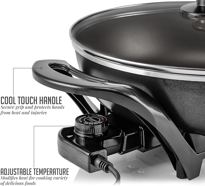 OVENTE Electric Wok with Nonstick Coating, 13 Inch Family-Sized Skillet, 1400W Power, Adjustable Temperature, Tempered Glass Lid, Cool Touch Handles and Easy to Clean Frying Surface, Black SK3113B