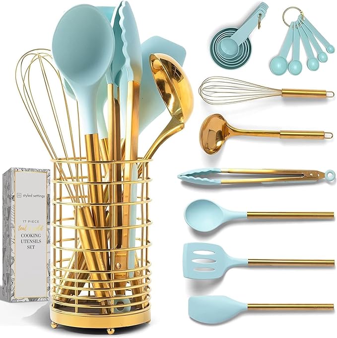 Teal Blue Kitchen Utensils Set with Holder – 17-Piece Nonstick Safe Cooking Utensils with Gold Utensil Holder – Stylish Teal Blue Kitchen Accessories for Cooking and Baking