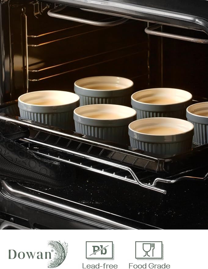DOWAN 8 oz Porcelain Ramekins Bowls for Souffle, Creme Brulee, Classic Style Ramekins for Baking Oven Safe, Set of 6, Airy Blue