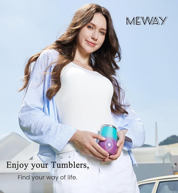 MEWAY 12oz/8 Pack Wine Tumbler Glasses with Lid - Stemless Double Wall Vacuum Stainless Steel Tumbler Keeping Cold & Hot for Wine,Drinks - Family and Gifts, Ideal for Travel and Office(Navy,Set of 8)