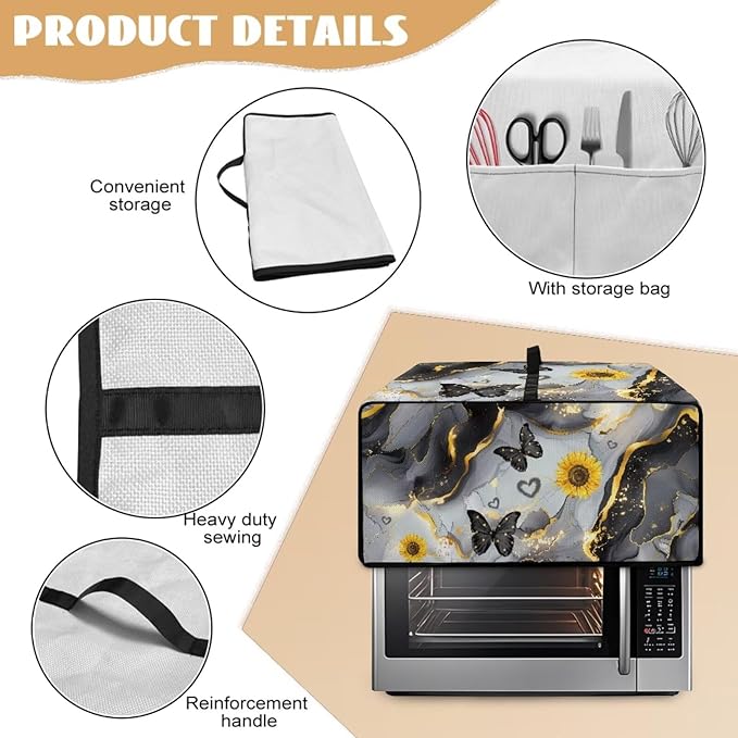 Convection Oven Cover Countertop Appliance Covers Stain-resistant Microwave Oven Protector for Kitchen Home Decor, M, Black Gray Gold Marble Butterfly Sunflower