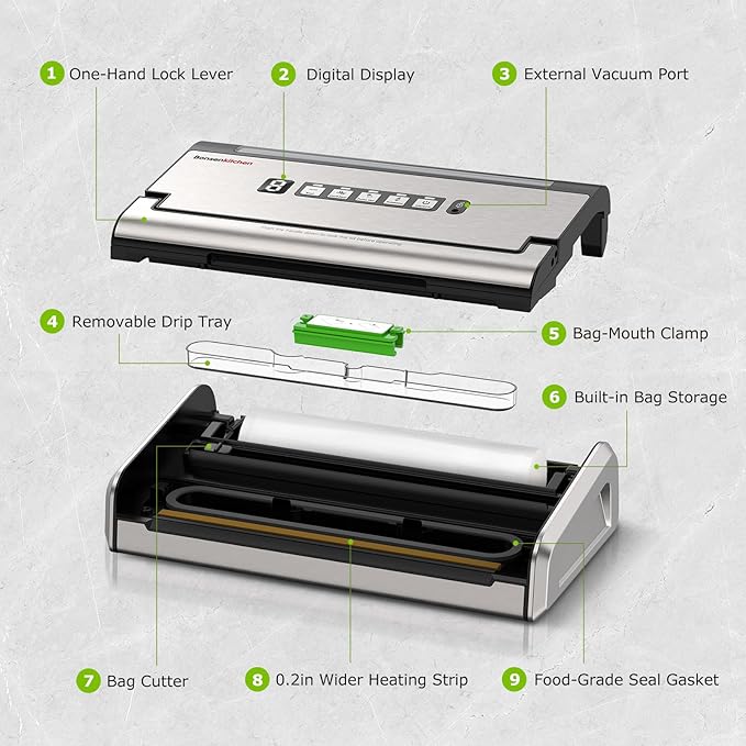 Bonsenkitchen Vacuum Sealer for Food, One-Hand Operation Food Vacuum Sealer Machine with Digital Timer, 0.2-inch Wider Seal, Built-in Cutter and Bag Storage for Meal Prep, 1 Roll Bag & 10 Pre-Cut Bags