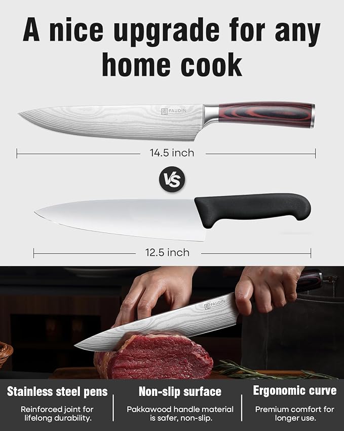 PAUDIN Chef Knife, 9 Inch High Carbon Stainless Steel Sharp Kitchen Knife with Sheath, Pakkawood Handle, Gift Box for Vegetables and Meat