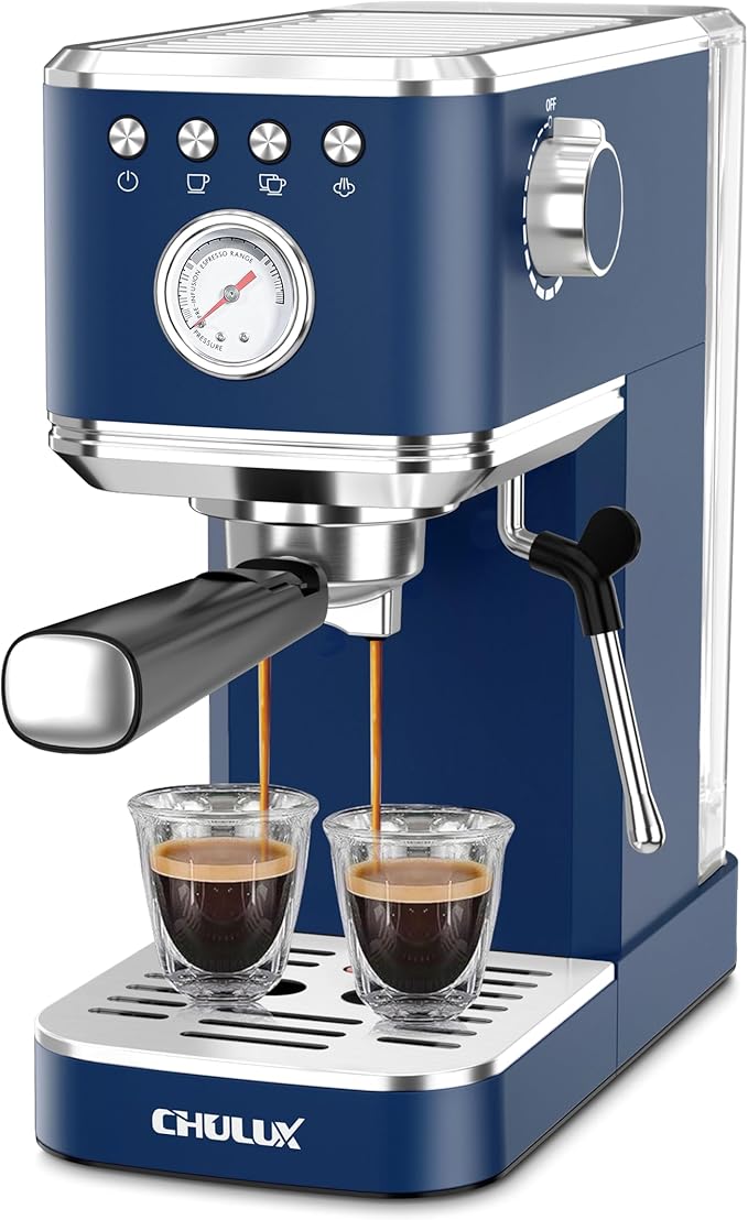 CHULUX Slim Espresso Machine with Milk Frother, 20 Bar Professional Italian Pump Espresso Coffee Machine for Home Cappuccino & Latte Maker, Stainless Steel, Navy