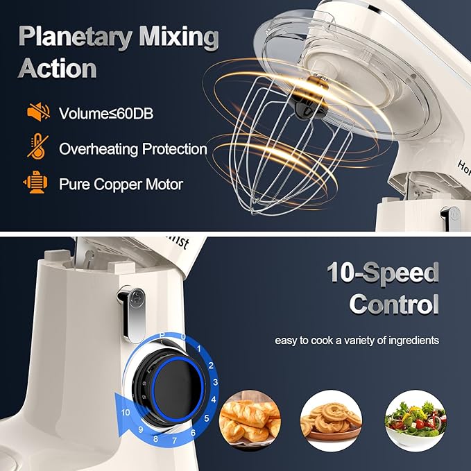 Honinst Stand Mixer, 6.5QT 10-Speed Tilt-Head Electric Stand Mixer, 3-In-1 Kitchen Mixer with Bowl, Dough Hook, Whisk and Beater, Food Mixer for Baking, Cake and Most Home Cooks, Beige
