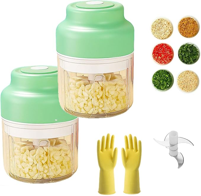 Household Electric Garlic Crusher, Cordless Mini Chopper With USB Rechargeable, Portable Food Processor for Garlic, Onion, Chili, Nuts, Vegetables (2 PCS Green)