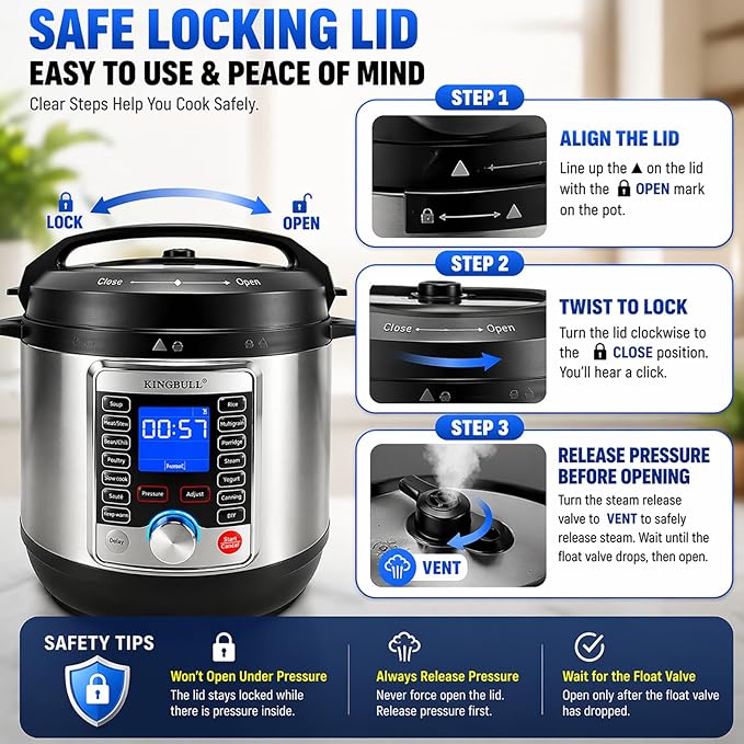 KINGBULL 14-in-1 Electric Pressure Cooker 6 Quart, Stainless Steel Multi Cooker with LCD Display, Slow Cooker, Rice Cooker, Steamer, Sauté, Yogurt Maker, Warmer, DIY Mode, Black