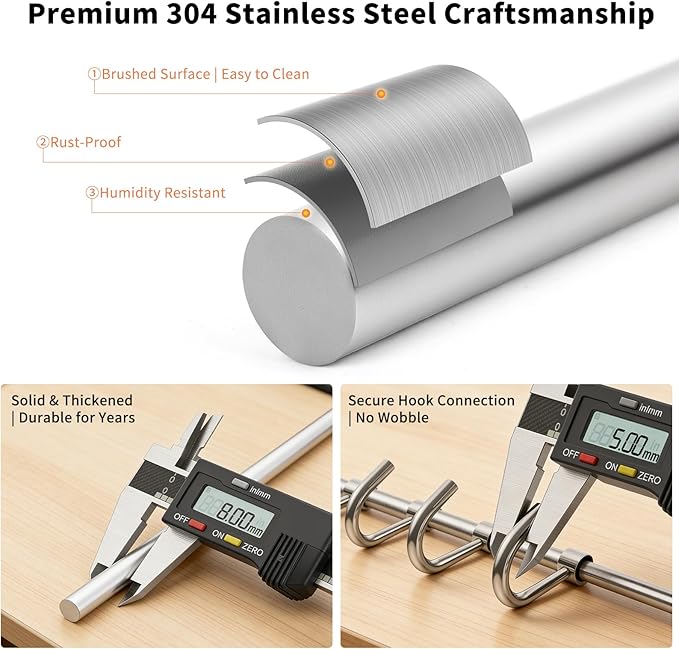 15.7" Kitchen Utensil Rack with Adjustable Holes - 7 Sliding Hooks 304 Stainless Steel, Pots and Pans Hanging Rack Wall Mounted 2 Pack