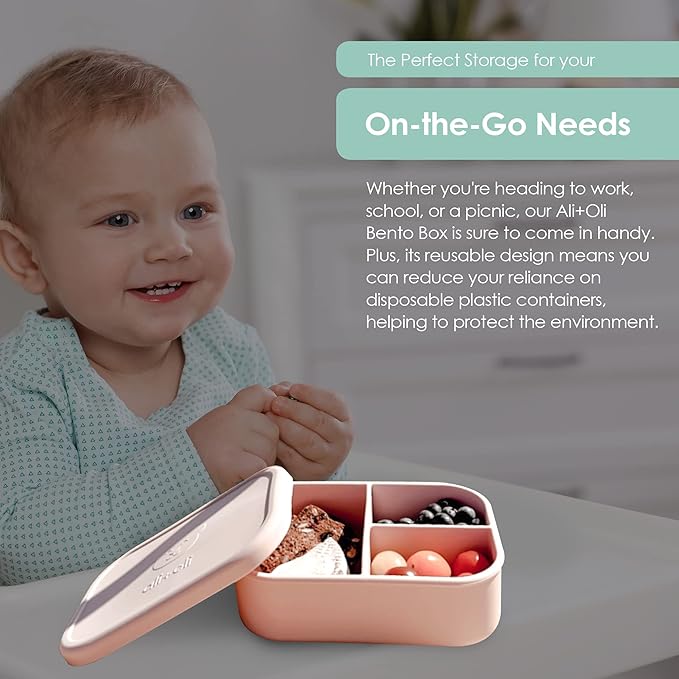 Ali+Oli Bundle, Silicone Pacifier Case (Chutney) Newborn Pacifier Holder, Travel Baby Pacifiers Silicone Pouch, Leak Proof Bento Box (Coconut) Food-Grade Silicone Bento Box