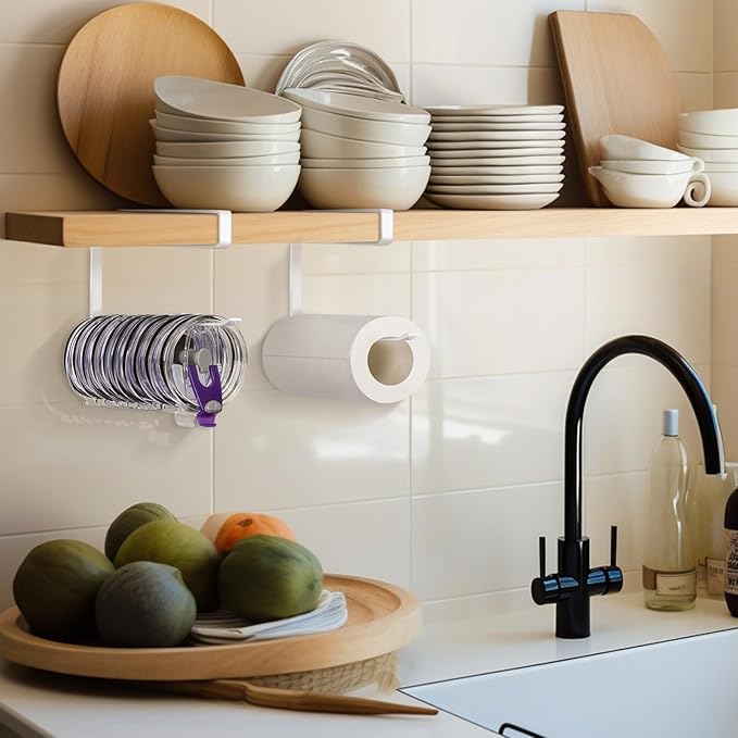 Tumbler Lid Organizer, Horizontal Tumbler Lid Storage Hook Up to 10 Lids, Space Saving Cup Lid Holders Under Cabinet Tumbler Lid Hook for Kitchen Organizer and Storage, Paper Towel Rack Hanger (White)