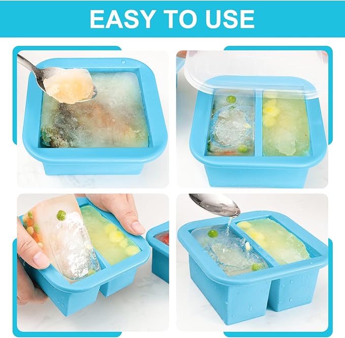 Silicone Freezer Tray with Lid 4 Pack Silicone Freezer Molds Ice Cube Tray Makes 8 Perfect 1 Cup Portions Soup Cubes Meal Prep Containers- Oven & Dishwasher Safe