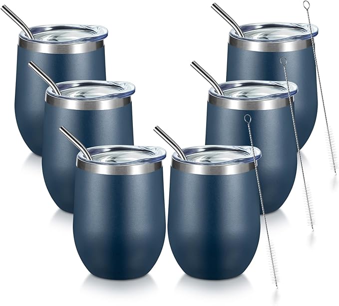 COMOOO Stainless Steel Navy Wine Tumbler Glass Bulk with Lid and Straw 12oz Double Wall Vacuum Insulated Travel Tumbler Cup Stemless for hot and Cold Drinks, Coffee, Wine, Cocktails 6 pack