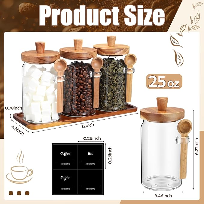 Suclain 3 Pcs Glass Coffee Container with Wooden Lid Spoon Shelf Labels Clear Airtight Jar Food Storage Canister Set for Sugar Spice Coffee Bean Holder Housewarming Gift(25 oz,Acacia Brown)