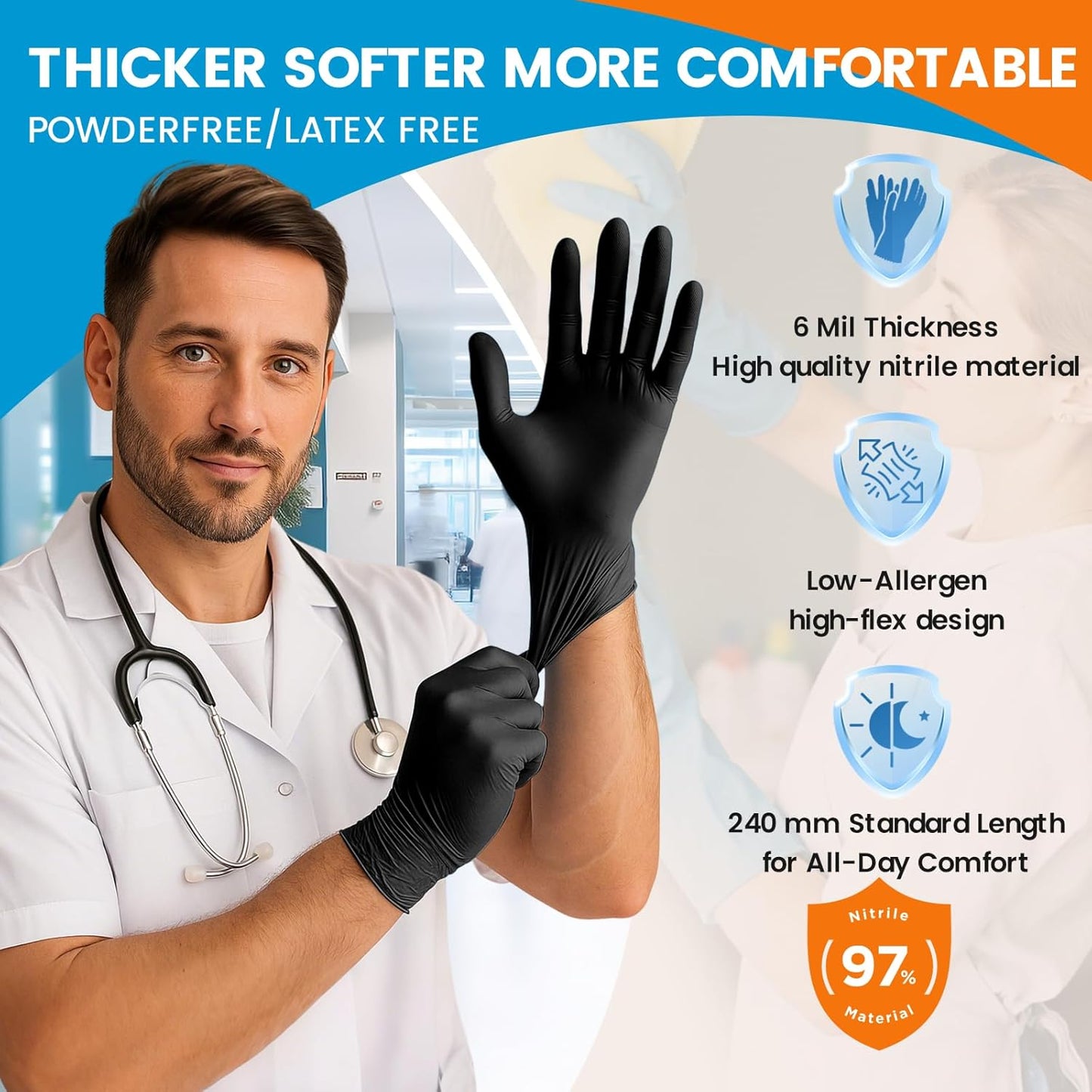6 mil Disposable Nitrile Gloves, Heavy Duty Disposable Gloves, Cooking Glove, Latex Free, Powder Free (Black of 100, Medium)