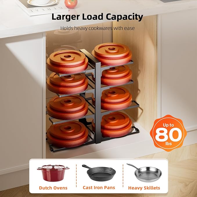 MUDEELA Pots and Pans Organizer Rack under Cabinet 8-Tiers Adjustable Heavy Duty 120LBS Pot and Pan Organizer inside Cabinet for Kitchen Organizer Cast-iron Pans, Heavy Skillets Griddles, Shallow Pots