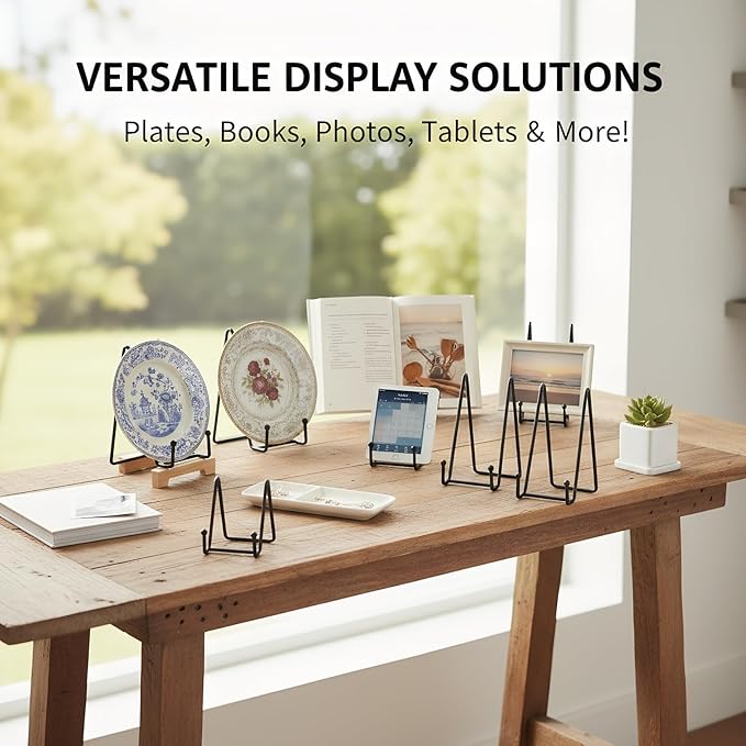 Plate Stands Holder 3 Pack, Picture Frame Display for Bookcase, Photo on Table Top (Black, 6")