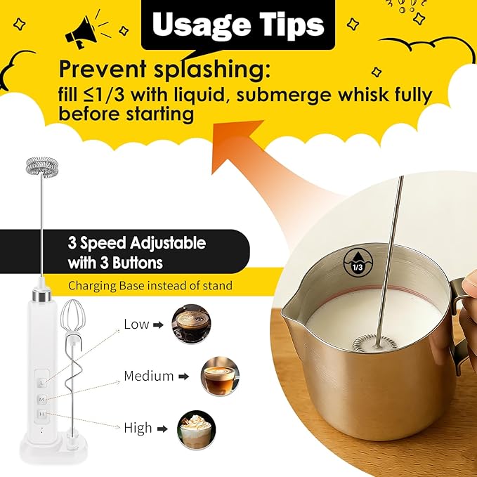 Rechargeable Milk Frother Handheld with 3 Detachable Stainless Whisks, 3 Speed Adjustable Drink Mixer, Mini Frother Wand for Coffee, Matcha, Protein Shakes, with Charging Base and Whisk Storage