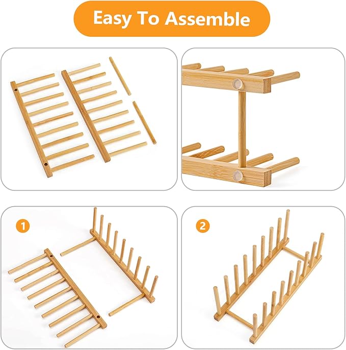HBlife 4pcs Heighten and Widen Bamboo Dish Dying Rack Pot Lid Plate Organizer Holder for Cabinet, Cutting Board Stand Drainer Storage Plate Rack for Dish, Pot Lid, Bowl, Cup, Cutting Board and Books