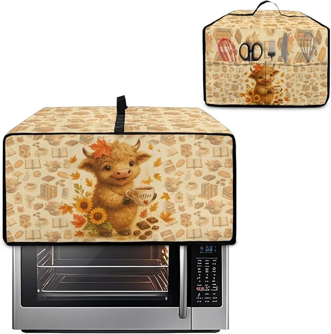 Toaster Oven Dust Cover Dustproof Convection Microwave Ovens Cover Stain-resistant Small Countertop Appliance Protector, S, Highland Cow Coffee Sunflower Fall Decor