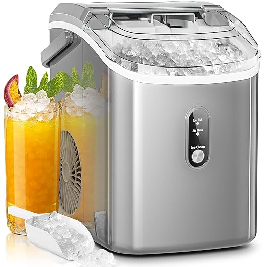 AGLUCKY Nugget Ice Makers Countertop,Portable Pebble Ice Maker Machine with Chewable Ice,One-Click Operation,Self-Cleaning for Home/Office(Grey)