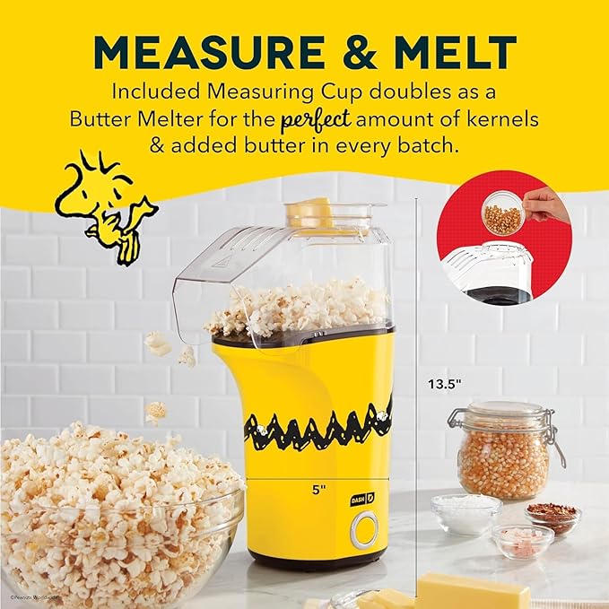 Peanuts DASH Fresh Pop Popcorn Maker - Oil-Free, Air Popcorn Popper - With Measuring Cup & Recipe Guide - Perfect for Movie Nights - 16 Cups