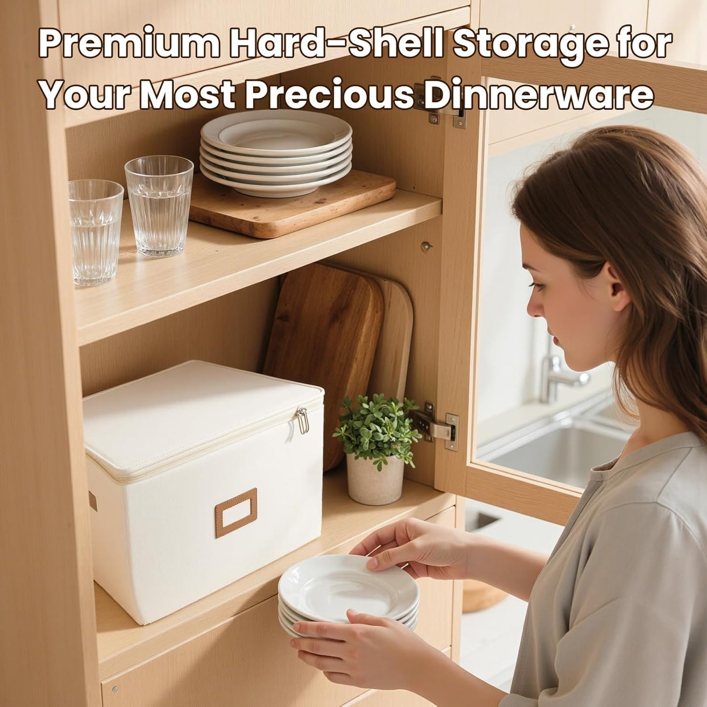 HOMELUX THEORY Hard Shell China Storage Containers, 6pc Ivory Mug & Plate Storage Box, Kitchen Storage Bins With Lids, Heavy Duty Moving Box with Handles for Dishes, Glassware, Stemware, Cup & Mug
