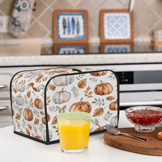 4 Slice Toaster Cover,Thanksgiving Watercolor Pumpkin Art Small Kitchen Appliance Bread Machine Cover with Pockets,Dust & Fingerprint Protection