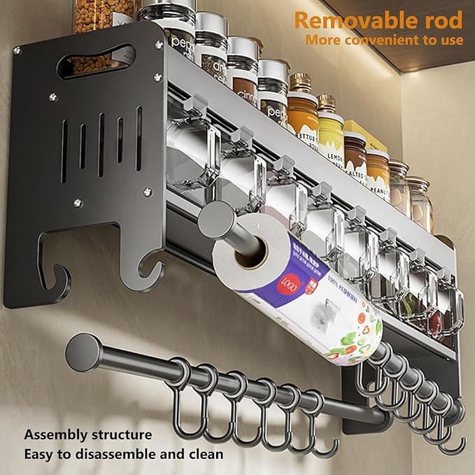 Hanging Wall Mount knife Wall Mount,Condiment Cup, Space-Saving Knife Rack with Hooks, Kitchen Organizer Storage Shelf for Utensils Spatula Spoon, Kitchen Utensil Hanger (Grey, 40cm+5Cups+8Hooks)