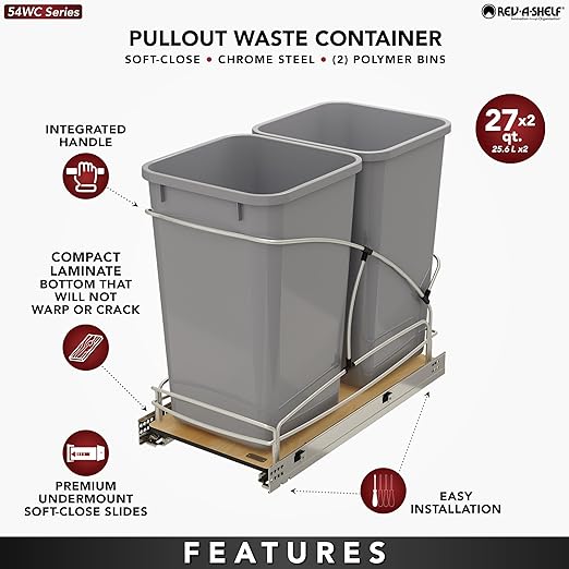 Rev-A-Shelf Steel Bottom Mount Double 27 Quart 6.75 Gallon Waste Bin Trash Container for Under Kitchen Cabinet with Soft Close, Gray, 54WC-1527SC-17-1