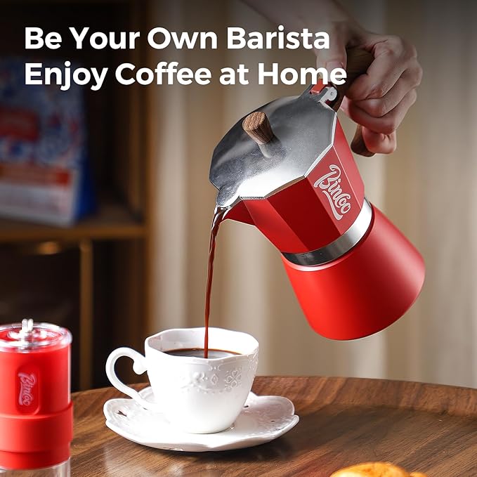 Bincoo Classic Italian Coffee Maker, Moka Pot 6 Cups, Espresso Maker Stovetop Espresso Moka Pot,Single Safety Valve (Red)