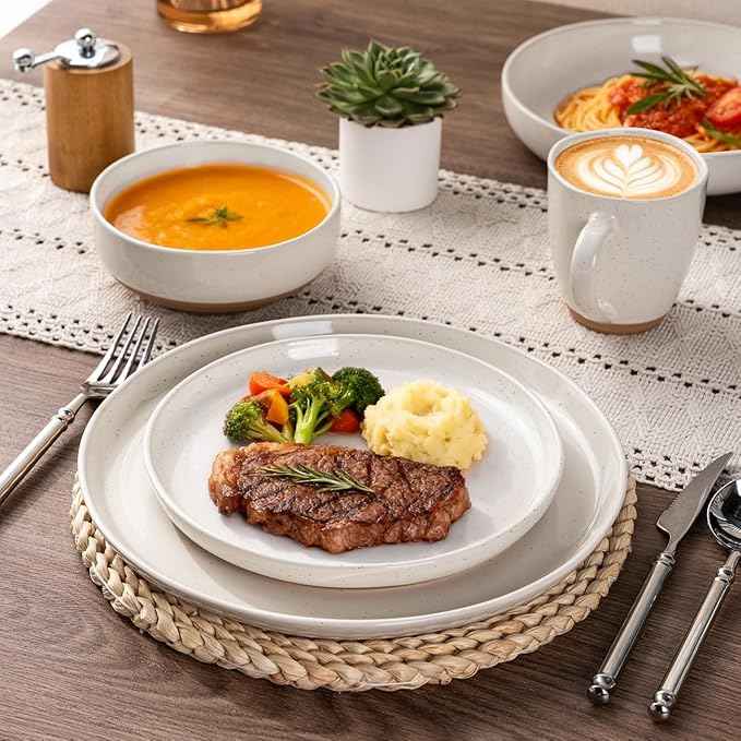 AmorArc Ceramic Dinnerware Sets for 8, 24 Pieces Handpainted Plates and Bowls Set with Rustic Terracotta Underside, Scratch Resistant Stoneware Dishes Set, Dishwasher & Microwave Safe, Light Beige