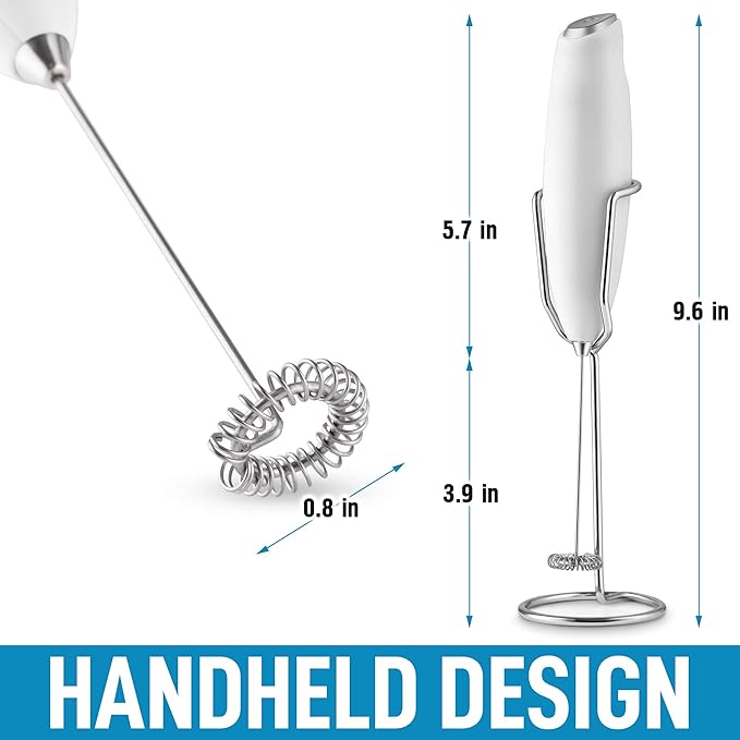 PRO MILK FROTHER WAND - ULTRA HIGH SPEED HANDHELD FROTHER - UPGRADED STAND - Powerful Handheld Mixer with Infinite Uses - Super Instant Electric Foam Maker with Stainless Steel Whisk (White)