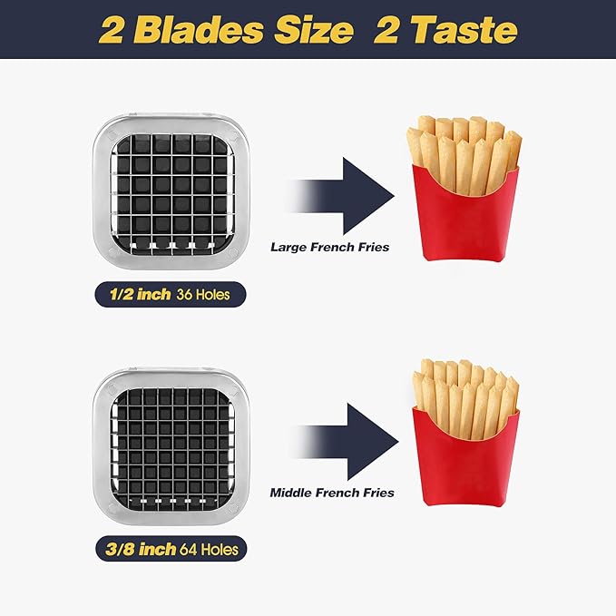 French Fry Cutter, Ruooson Professional Potato Cutter Slicer with1/2 In & 3/8 In Stainless Steel Blades, Great for Whole Potatoes Carrots Cucumbers.